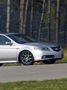 Preview wallpaper acura, tl, 2007, silver metallic, side view, style, cars, speed, forest, grass, asphalt