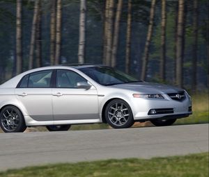 Preview wallpaper acura, tl, 2007, silver metallic, side view, style, cars, speed, forest, grass, asphalt