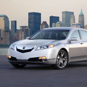 Preview wallpaper acura, tl, 2008, silver metallic, front view, style, cars, city, water