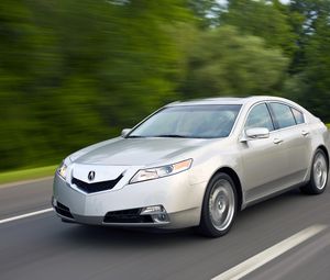 Preview wallpaper acura, tl, 2008, silver metallic, side view, style, cars, speed, trees, highway