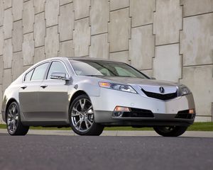 Preview wallpaper acura, tl, 2008, gray metallic, front view, style, cars, grass, wall, asphalt