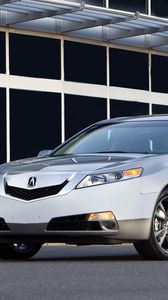 Preview wallpaper acura, tl, 2008, silver metallic, front view, style, cars, buildings, asphalt