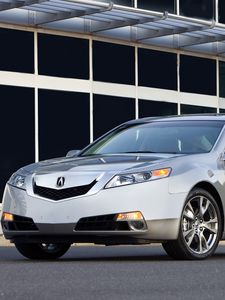 Preview wallpaper acura, tl, 2008, silver metallic, front view, style, cars, buildings, asphalt