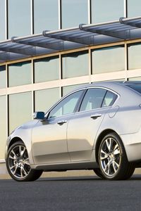 Preview wallpaper acura, tl, 2008, silver metallic, side view, style, cars, buildings, asphalt