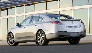 Preview wallpaper acura, tl, 2008, silver metallic, side view, style, cars, buildings, asphalt