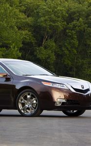 Preview wallpaper acura, tl, 2008, burgundy, side view, style, cars, trees, asphalt