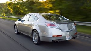 Preview wallpaper acura, tl, 2008, metallic gray, side view, style, cars, speed, trees, highway