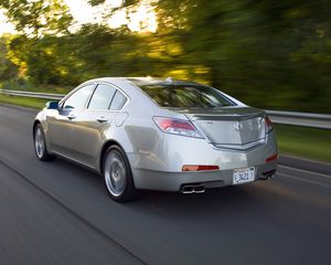 Preview wallpaper acura, tl, 2008, metallic gray, side view, style, cars, speed, trees, highway