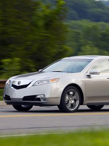 Preview wallpaper acura, tl, 2008, white metallic, side view, style, cars, speed, nature, trees, grass, asphalt