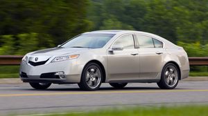 Preview wallpaper acura, tl, 2008, white metallic, side view, style, cars, speed, nature, trees, grass, asphalt