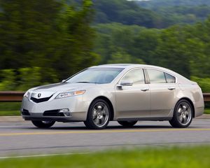 Preview wallpaper acura, tl, 2008, white metallic, side view, style, cars, speed, nature, trees, grass, asphalt