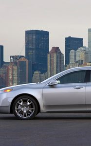 Preview wallpaper acura, tl, 2008, silver metallic, side view, style, cars, city, lights