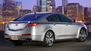 Preview wallpaper acura, tl, 2008, metallic silver, rear view, style, cars, city, asphalt, lights