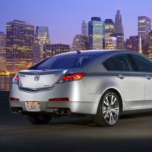 Preview wallpaper acura, tl, 2008, metallic silver, rear view, style, cars, city, asphalt, lights