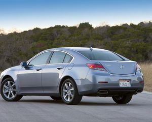 Preview wallpaper acura, tl, 2011, blue, rear view, style, cars, nature, trees, sky, asphalt