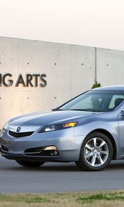 Preview wallpaper acura, tl, 2011, blue, side view, style, cars, asphalt, building, grass