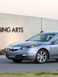 Preview wallpaper acura, tl, 2011, blue, side view, style, cars, asphalt, building, grass