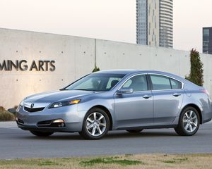 Preview wallpaper acura, tl, 2011, blue, side view, style, cars, asphalt, building, grass