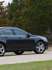 Preview wallpaper acura, tl, 2011, blue, side view, style, cars, trees, asphalt, grass