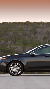 Preview wallpaper acura, tl, 2011, blue, side view, style, cars, sunset, trees, asphalt