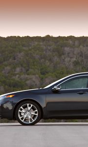 Preview wallpaper acura, tl, 2011, blue, side view, style, cars, sunset, trees, asphalt