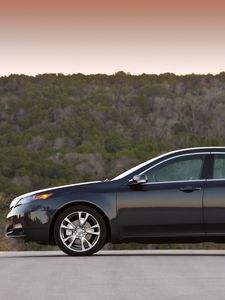 Preview wallpaper acura, tl, 2011, blue, side view, style, cars, sunset, trees, asphalt