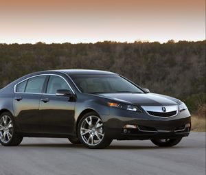 Preview wallpaper acura, tl, 2011, blue, side view, style, cars, sunset, trees, asphalt
