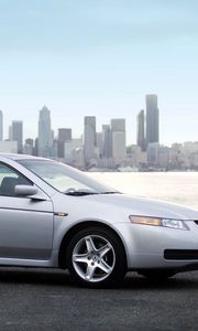 Preview wallpaper acura, tl, metallic silver, style, cars, city, sky, sea