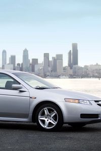 Preview wallpaper acura, tl, metallic silver, style, cars, city, sky, sea