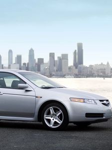 Preview wallpaper acura, tl, metallic silver, style, cars, city, sky, sea