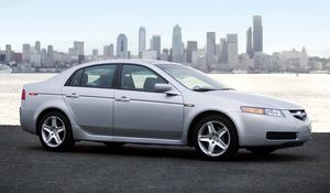 Preview wallpaper acura, tl, metallic silver, style, cars, city, sky, sea