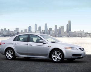 Preview wallpaper acura, tl, metallic silver, style, cars, city, sky, sea