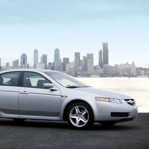 Preview wallpaper acura, tl, metallic silver, style, cars, city, sky, sea