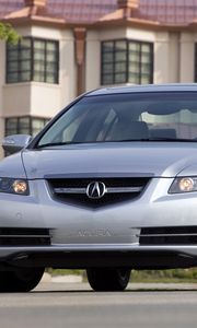 Preview wallpaper acura, tl, silver metallic, front view, style, cars, house, grass, asphalt