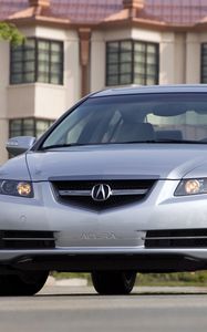 Preview wallpaper acura, tl, silver metallic, front view, style, cars, house, grass, asphalt