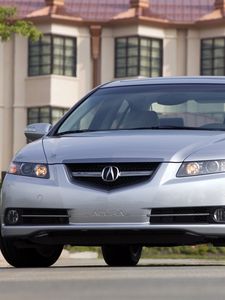 Preview wallpaper acura, tl, silver metallic, front view, style, cars, house, grass, asphalt