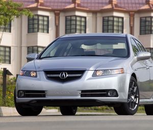 Preview wallpaper acura, tl, silver metallic, front view, style, cars, house, grass, asphalt