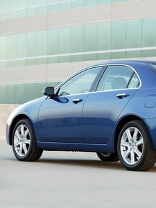 Preview wallpaper acura, tsx, 2003, blue, side view, style, cars, buildings, asphalt