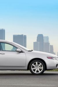 Preview wallpaper acura, tsx, 2003, white, side view, style, cars, building, city, asphalt