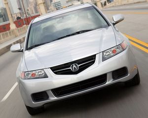 Preview wallpaper acura, tsx, 2003, white, front view, style, cars, speed, city, buildings, asphalt