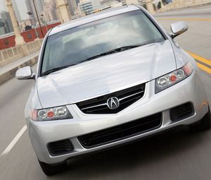 Preview wallpaper acura, tsx, 2003, white, front view, style, cars, speed, city, buildings, asphalt