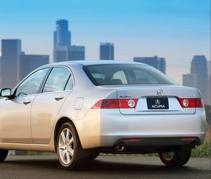 Preview wallpaper acura, tsx, 2003, metallic silver, rear view, style, cars, city, house, grass, asphalt
