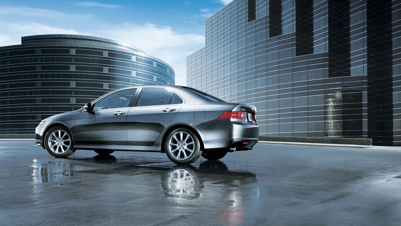 Wallpaper acura, tsx, 2006, metallic gray, side view, style, cars, reflection, wet asphalt, buildings, clouds