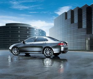 Preview wallpaper acura, tsx, 2006, metallic gray, side view, style, cars, reflection, wet asphalt, buildings, clouds