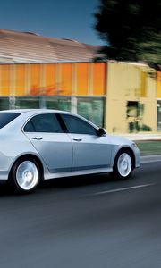 Preview wallpaper acura, tsx, 2006, silver metallic, side view, style, cars, speed building, tree, asphalt