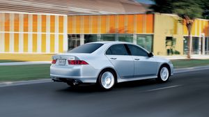 Preview wallpaper acura, tsx, 2006, silver metallic, side view, style, cars, speed building, tree, asphalt