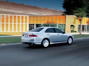 Preview wallpaper acura, tsx, 2006, silver metallic, side view, style, cars, speed building, tree, asphalt