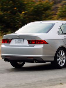 Preview wallpaper acura, tsx, 2006, metallic silver, rear view, style, cars, speed, shrubs, grass, asphalt