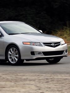 Preview wallpaper acura, tsx, 2006, silver metallic, side view, style, cars, speed, nature, shrubs, asphalt