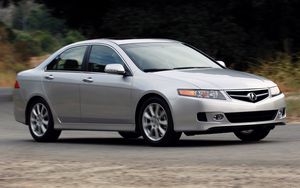 Preview wallpaper acura, tsx, 2006, silver metallic, side view, style, cars, speed, nature, shrubs, asphalt